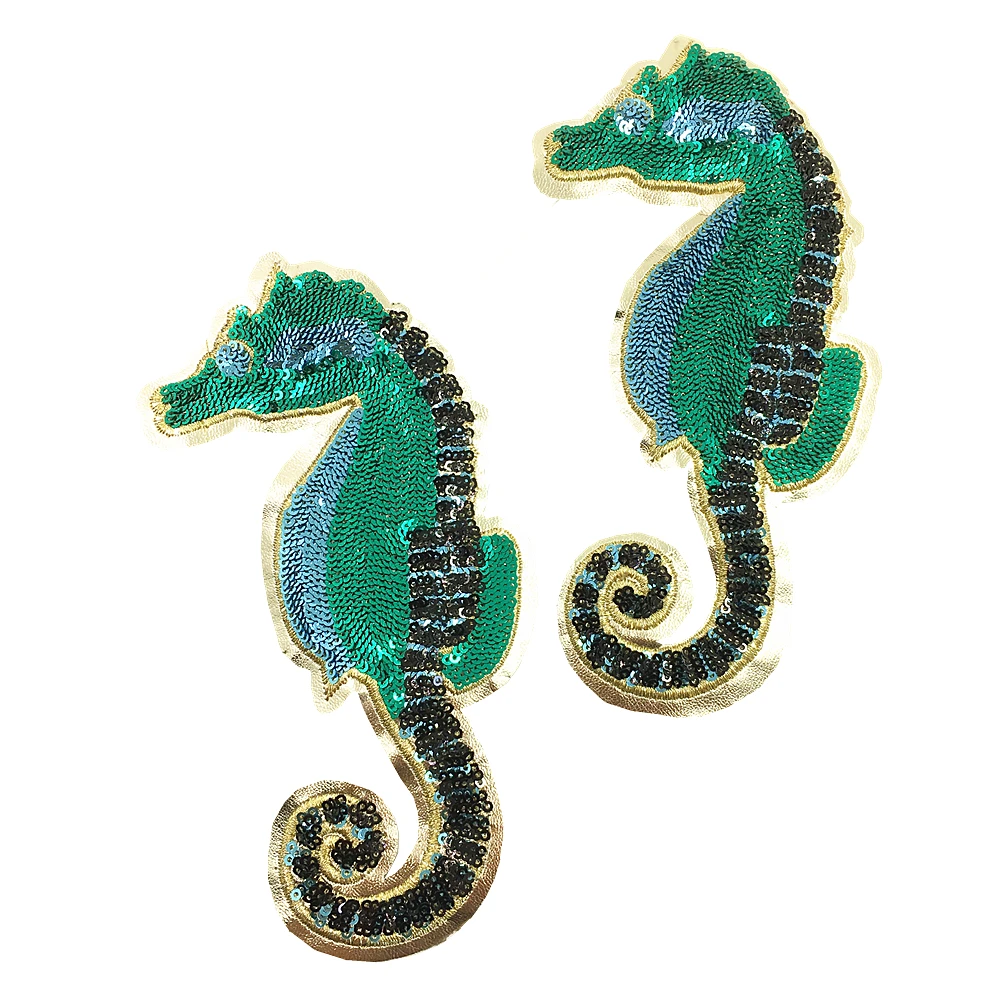 

4pc Seahorse Embroidered Patch Hippocampus Sequin Applique Marine Fish Patches For Jeans Bags Appliques Parches AC1092
