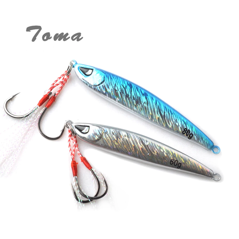

TOMA 2PCS/Lot Metal Jigging Fishing Lure 60g 80g Jig Hard Bait Sinking Spoon Double Fishing Hooks Saltwater Boat Fishing