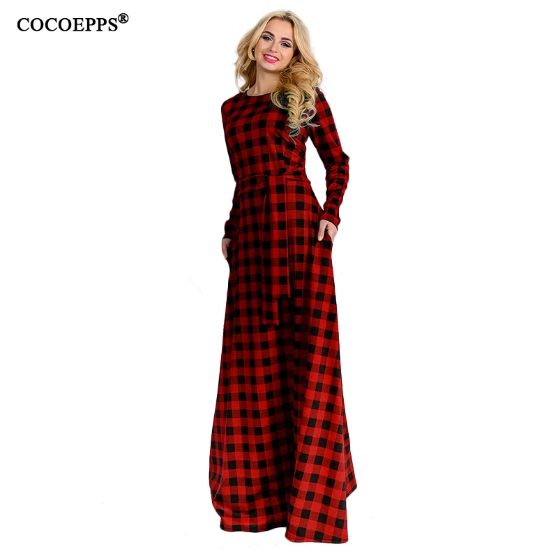 

5XL 6XL 2019 Women Long Maxi Dress Autumn Vintage Plus Size Dress Fashion Red Plaid Dress Vestido Large Size Evening Party Dress