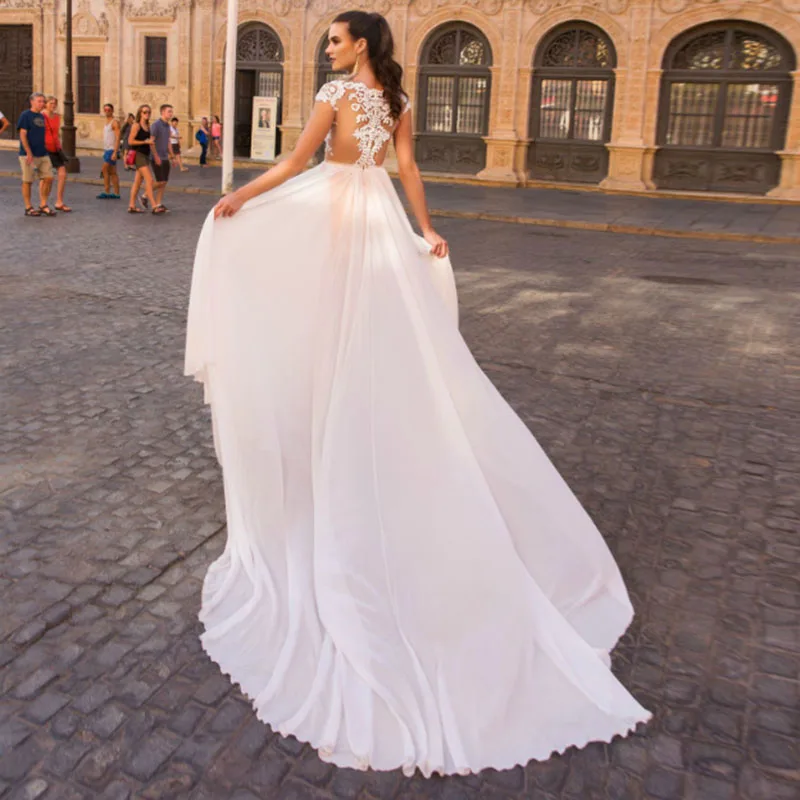 Eightale Шампанское свадебное платье-бохо аппликации кружева невесты платье короткое спереди длинное сзади Свадебное платье из шифона