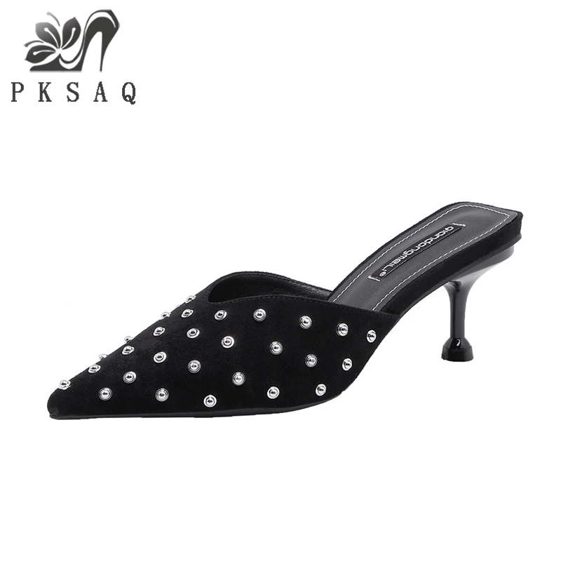 

PKSAQ 2019 Summer New High-heeled Pointed Toe Rivet Sandals Women's Sandals And Slippers Sexy With A Half Drag Female P3302