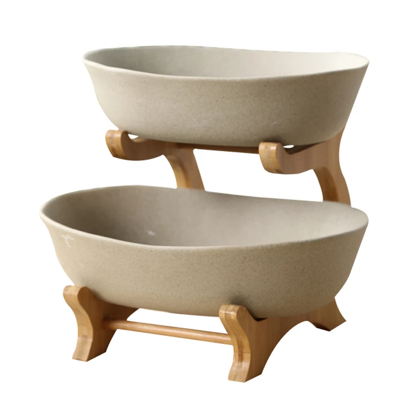 

Two Tiers Frosted Ceramic Serving Bowl Decorative Pottery Dinner Plate Bamboo Dinnerware Centerpiece For Fruit, Salad And Snac