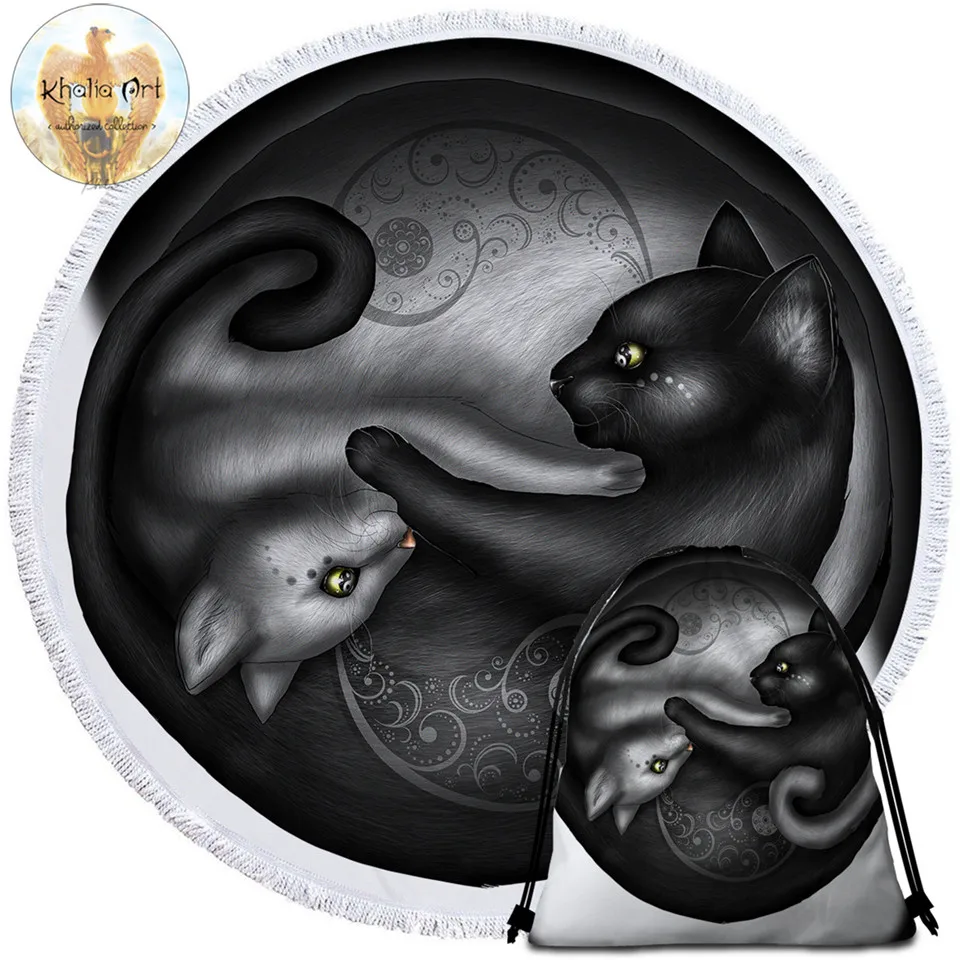 Yinyang Cat Morning от Khalia Art круглое пляжное полотенце из микрофибры одеяло Пейсли черно