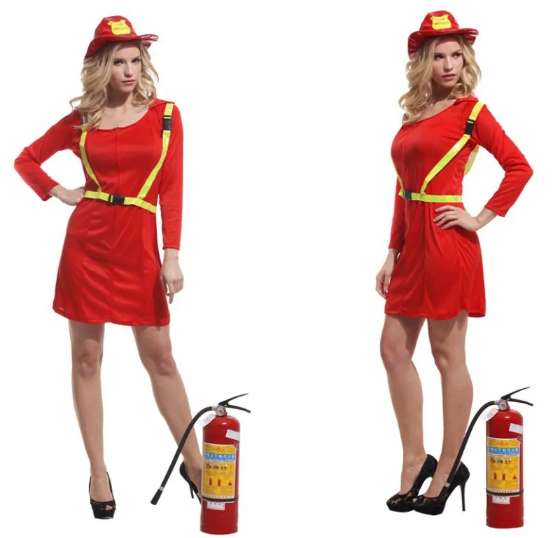 

Women Adult Fireman Dress Up Female Halloween Truckman Costume Dress+Hat+Belt Party Performance Clothes Chorus Stage Clothes 18