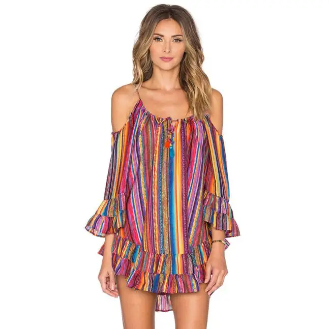 Для женщин Летняя радуга печати бахромой свободное пляжное платье шифоновое платье на бретелях W510