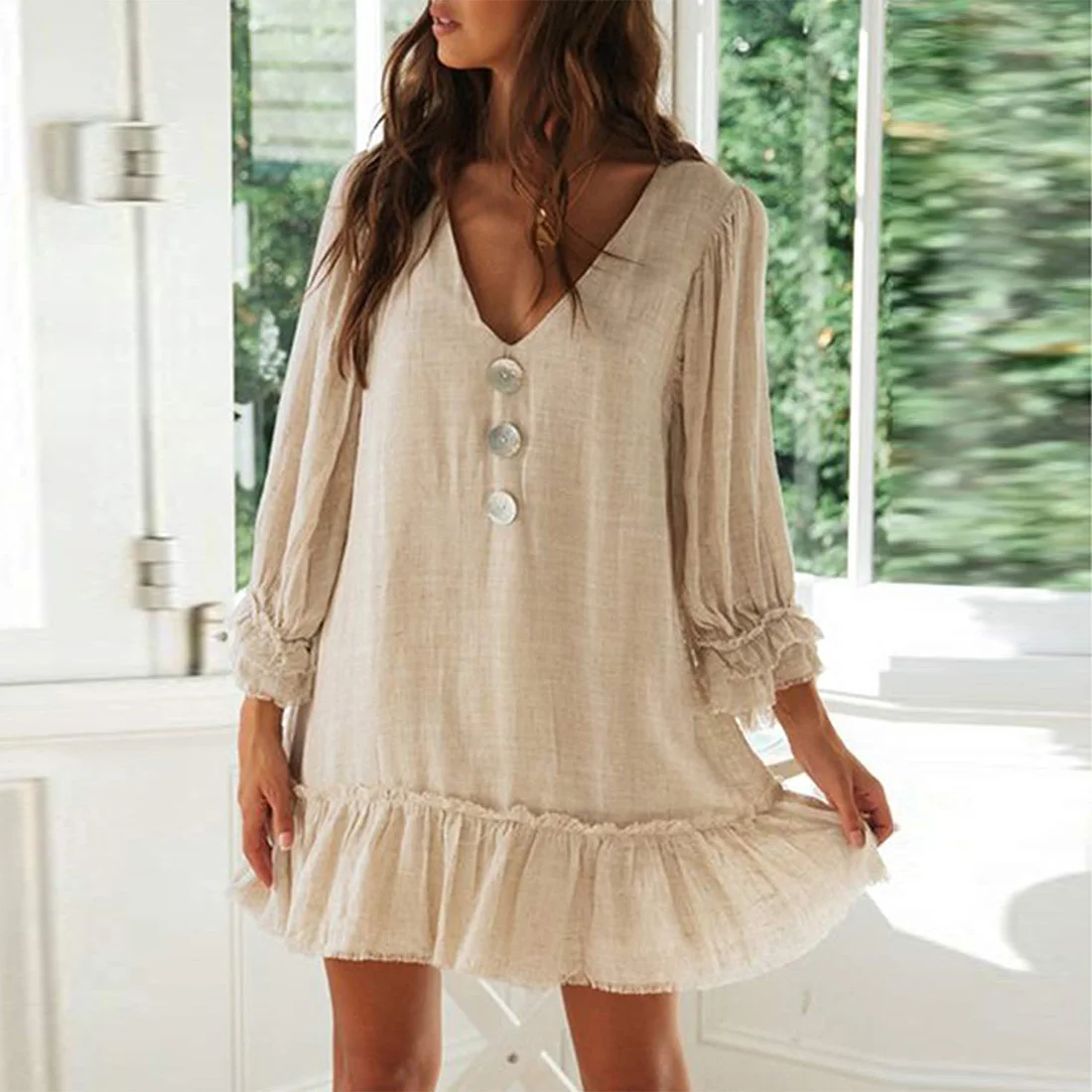 

Summer Women's Loose dress V-neck Long Sleeve cotton linen Button Ruffled Hem smock Dress holiday beach solid mini dresses lady