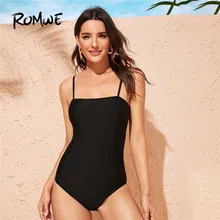 Romwe спортивный Цельный купальник с бретельками, черный сексуальный эластичный купальник, Женский однотонный беспроводной монокини, купальник