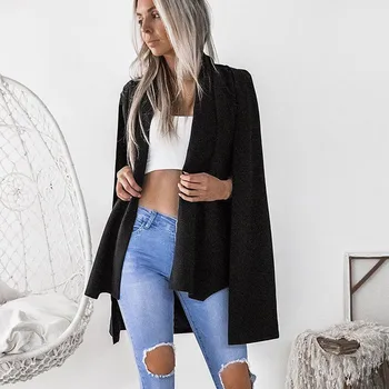 

Trendy Women Lady Long Sleeve Lapel Split Cape Tops Polyester solid casual cardigan Trench one pieces