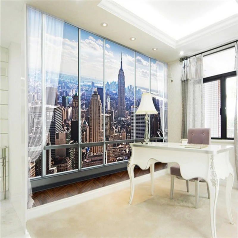 Custom Photo Wallpaper Mural Wall Sticker European 3D 3D Window New York Tower Building TV Background Wall papel de parede