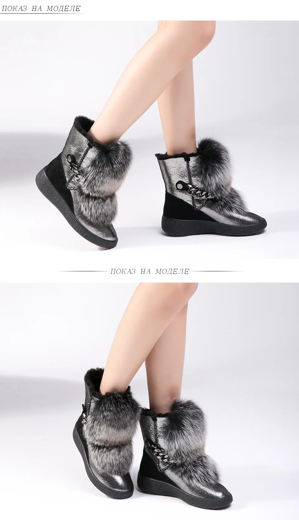 BASSIRIANA new winter gray and black natural fur warm snow boots women's boots round head 35-40 size