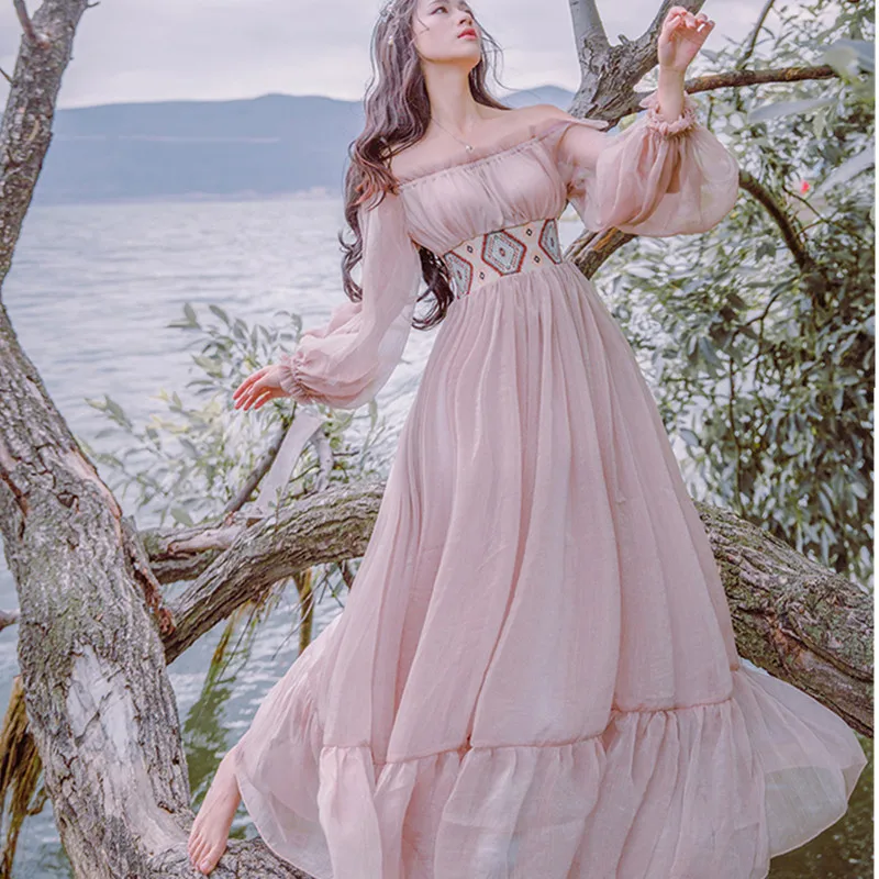 

SMTHMA Women's Sexy Off Shoulder Long Sleeve elastic Waist embroidery Bohemian Dress Holiday Beach Maxi Dress Vintage Vestidos