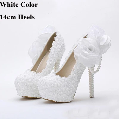White 14cm Heels Кружевные туфли невесты на платформе с белым цветком прекрасные женские кружевные свадебные туфли ручной работы на высоком каблуке туфли для девушки для дня рождения и вечеринки - Цвет: White 14cm Heels