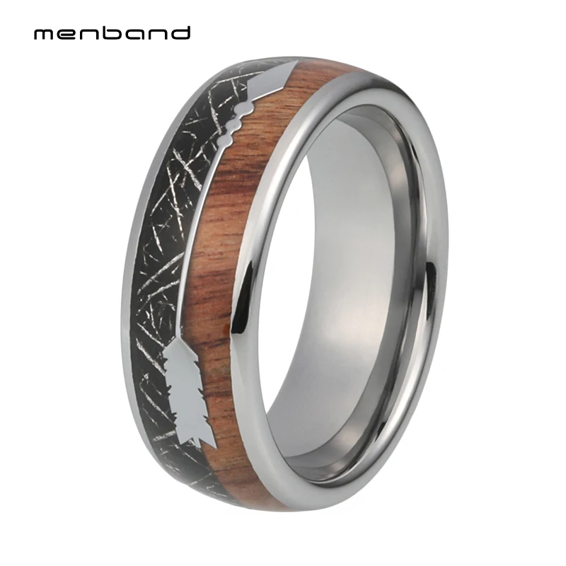 

Silver Mens Tungsten Rings Womens Wedding Band Dome Polished Shiny Black Meteorite and Koa Wood Arrow Inlay Comfort Fit