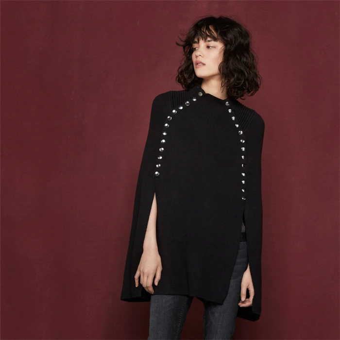 Autumn Winter Women Fashion British style Sweaters 2018 New Vintage Runway Metal buckle loose knit shawl cape | Женская одежда