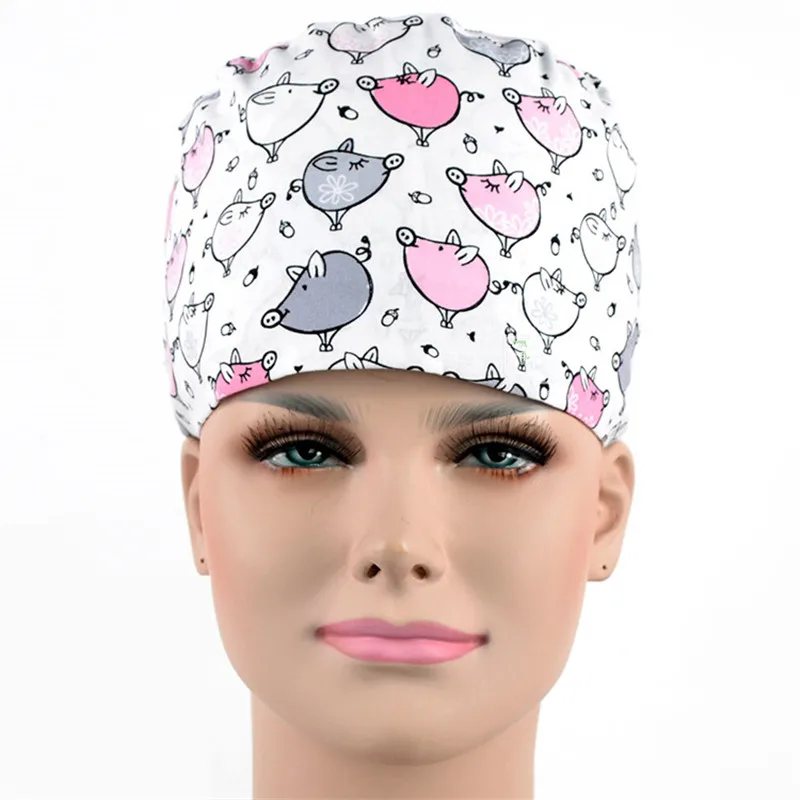 

2018 New Surgical Caps for Women MEDICAL CAPS Work Hat Hospital Pet Shop in White with Pink Cute Pigs Convertable Lab Caps