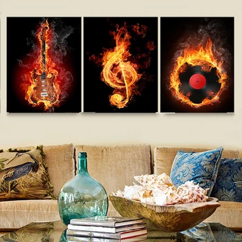 

Painting Living Room Pictures 3 Panel Black Burning Guitar Pop Poster Canvas Wall Art Frames Modular Printed Cuadros Decoration