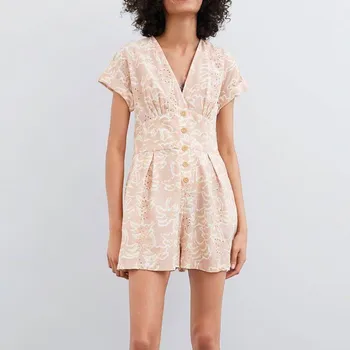 

2019 New Summer Women Fashion Floral Prints Rompers Simple Embroidery V-Neck Short Sleeve Casual Playsuits