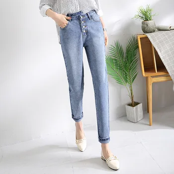 

Slim High Waist Korean Mom Jeans Women Denim Pants Asymmetry Waist Button Fly Ladies Jeans Trousers Ankle Length Denim Straight