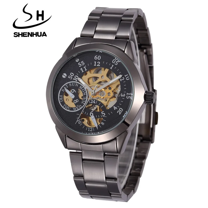 

Brand Tags SHENHUA Steampunk Black Automatic Mechanical Skeleton Watches Men Waterproof Shockproof Mechanical Dress Watches Men