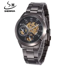 Brand Tags SHENHUA Steampunk Black Automatic Mechanical Skeleton Watches Men Waterproof Shockproof Mechanical Dress Watches Men