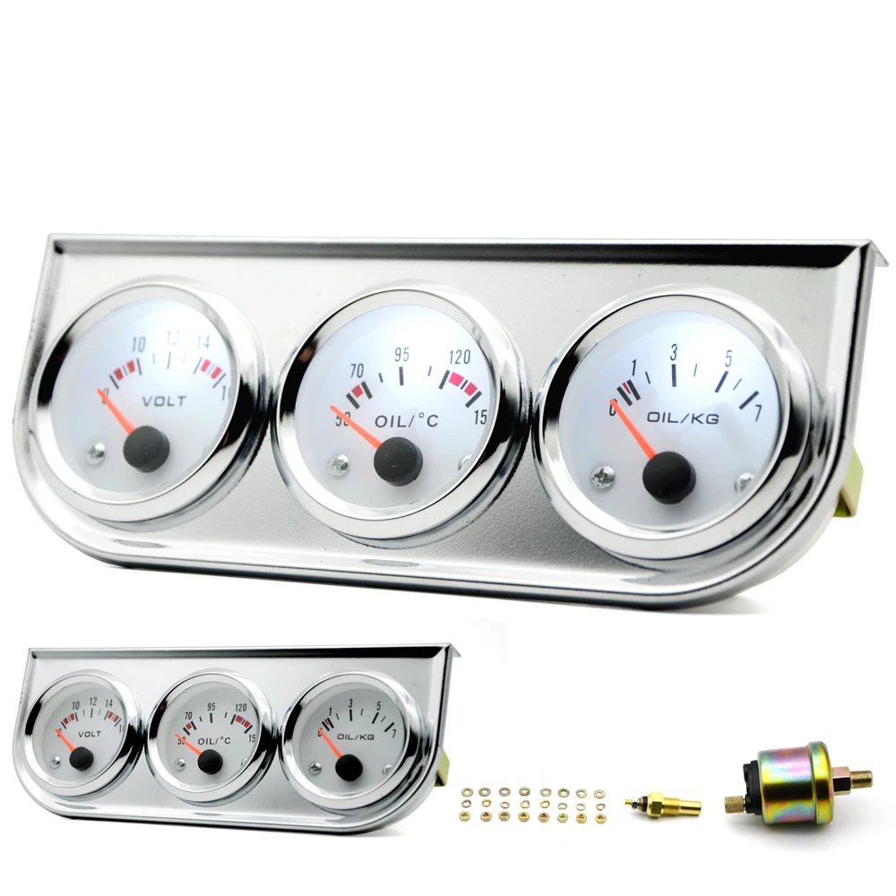 

Triple 52mm Oil Temp Oil Pressure Volt Gauge Meter White Face Chrome Kit With Sensor