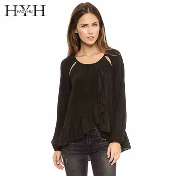 

HYH Haoyihui Fashion Asymmetrical Tops Women Long Sleeve Female Chiffon Shirts Hollow Out Solid Casual Blouses Shirts