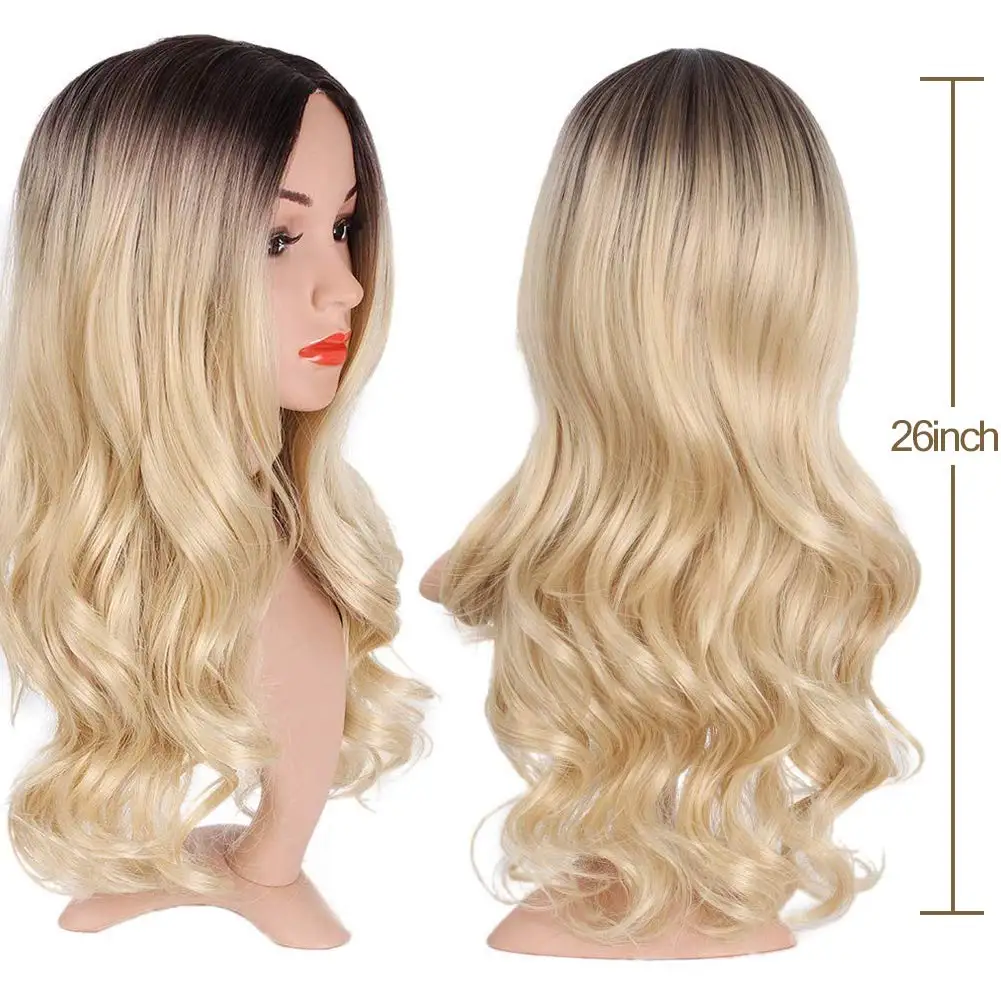 AOSI Long Wavy 24" Synthetic Hair Middle Part Ombre Brown Blonde Heat Resistant Cosplay Wig For Women