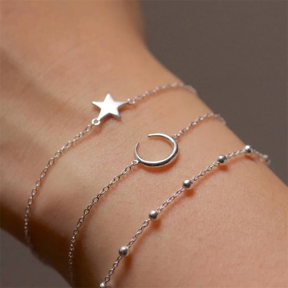 

3 Pcs/set Bohemian Retro Stars Moon Pendant Beaded Chain Silver Bracelet Ladies Charm Beach Party Jewelry Accessories