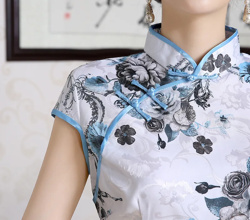 New Satin Women's Traditional Chinese Cheongsam Dresses Vestido Printing Stand Collar Short Sleeve Silk Plus Size 4XL (1)