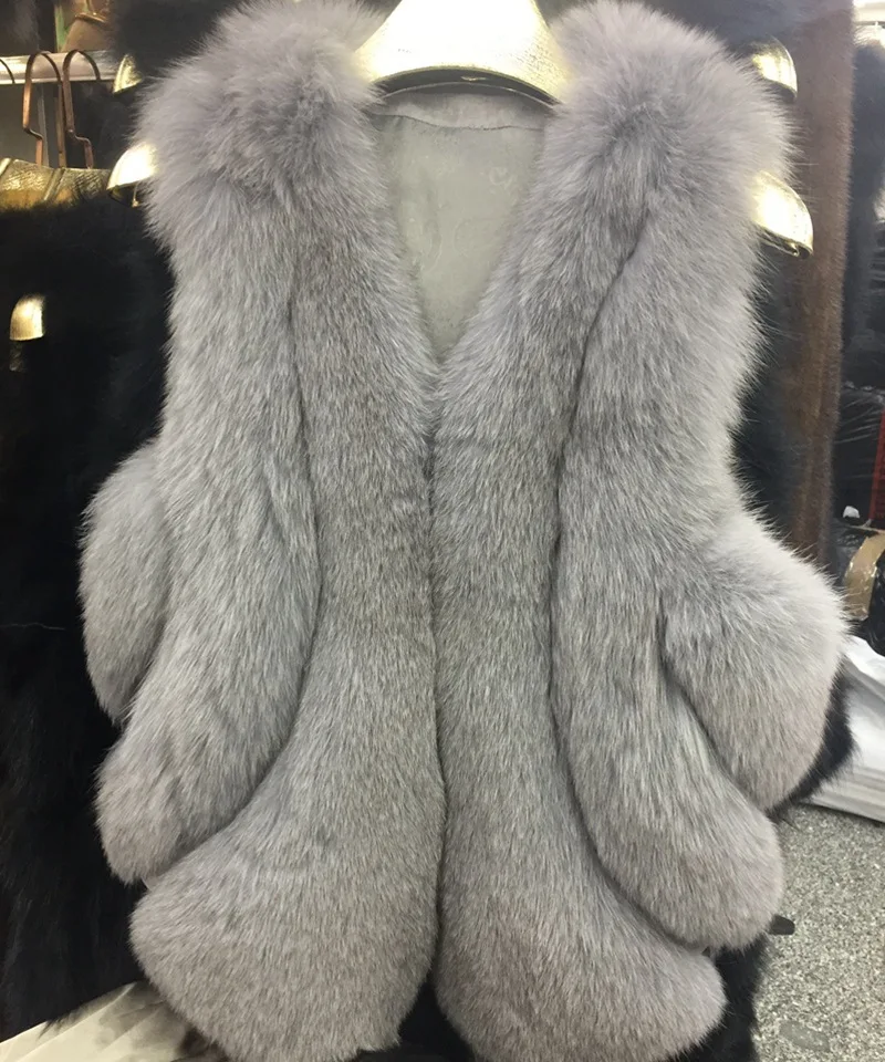 DUOUPA  Natural Real Fox Fur Vest is 50-65 cm Stylish Winter Short Thick Women Fur Vest Jacket Pockets Real Fur Vest Coats Slim