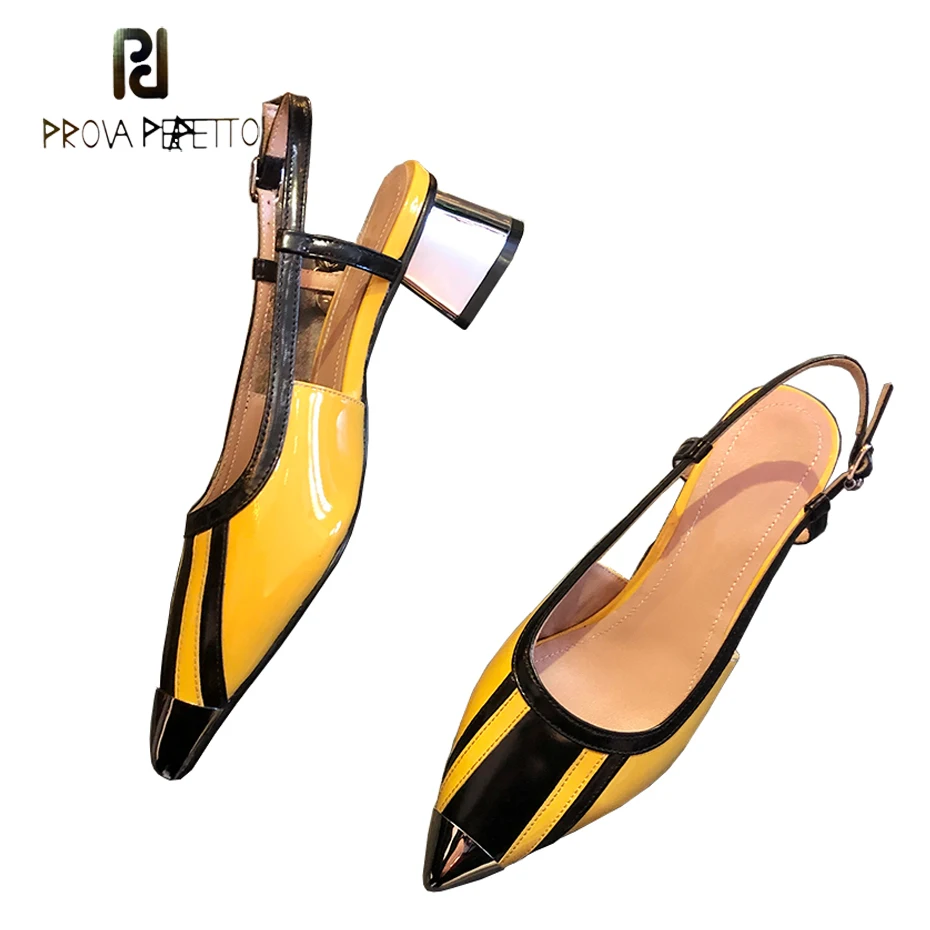 

Prova Perfetto spring summer mixed color patent leather sandal women pointed toe slingback pump chunky heel fashion ladies shoes