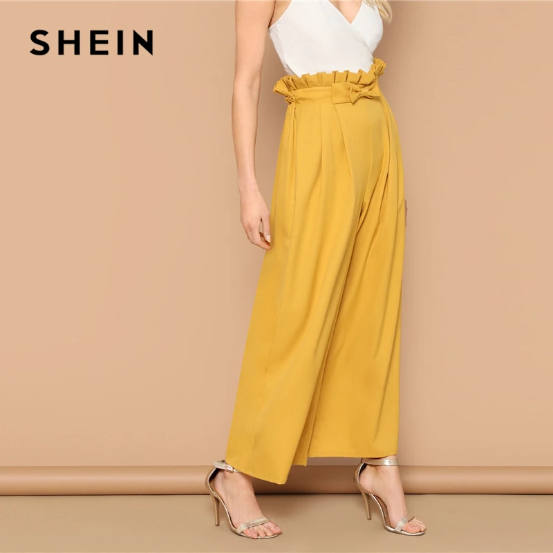 

SHEIN Bow Detail Paperbag Waist Fold Pleat Wide Leg Pants Elegant Elastic Waist Loose Trousers Yellow High Waist Pants