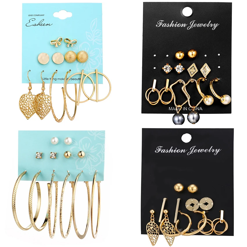 

Rinhoo 6Pair/set Vintage Circle Geometric Metal Stud Earrings Oorbellen Retro Hollow Leaf Compass Strip Combination Earrings