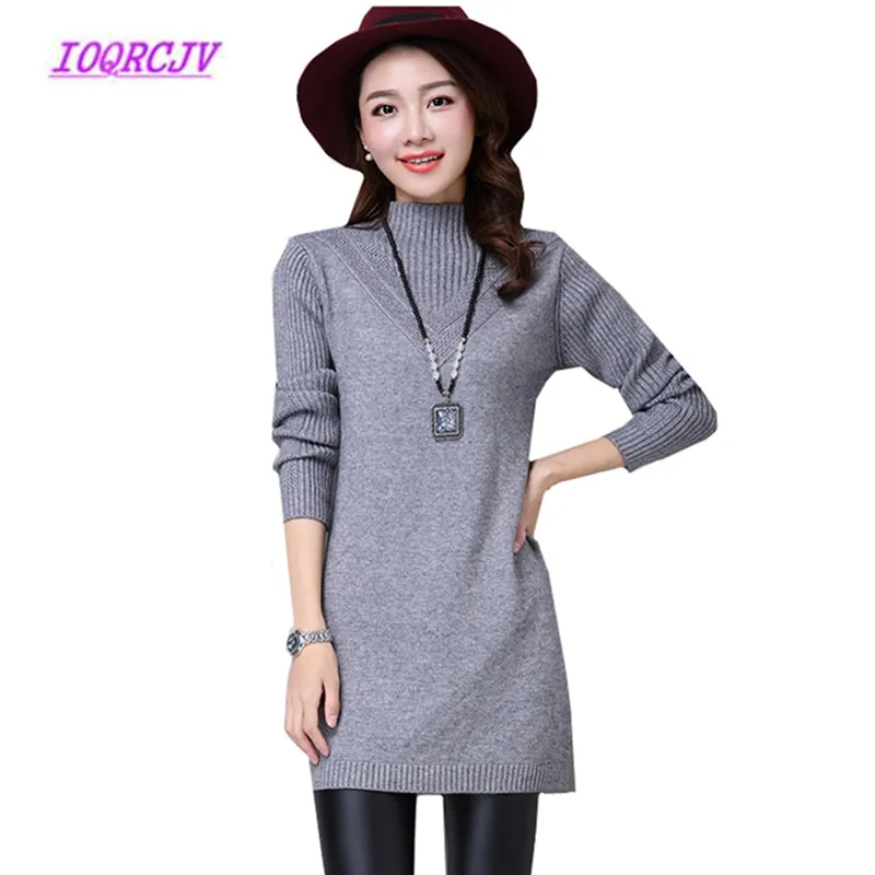 

Winter Knitted Pullover Women's Sweater Long Sleeved Warm Half Turtleneck Sweater Loose Medium length Bottom Sweater dress B082