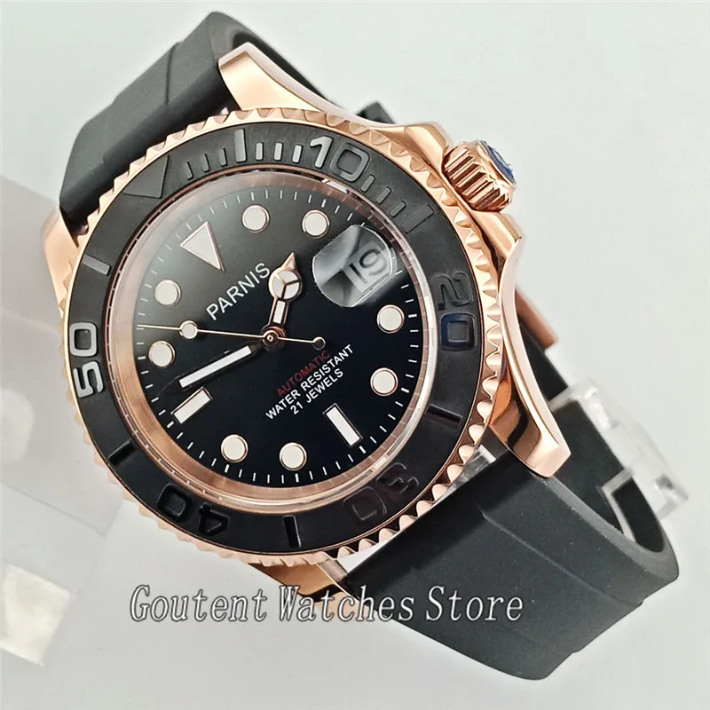

41mm Parnis Men Watch Black Dial Leather Band Automatic Movement 2831