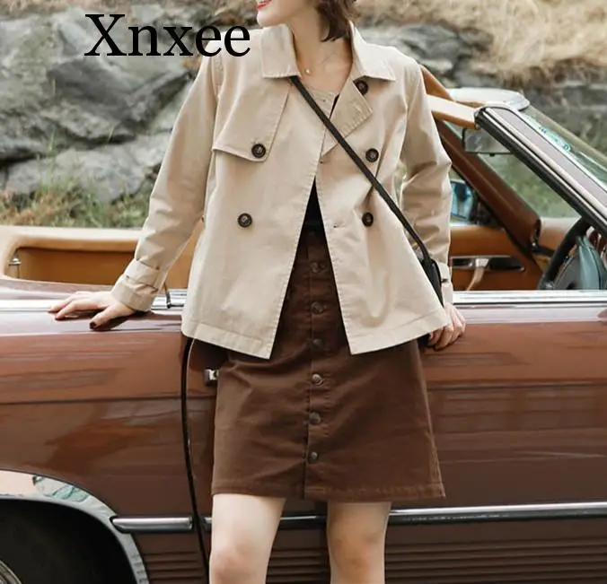 

Тренчкот Xnxee, новинка 2019, весна-осень, женские свободные пальто, Повседневная двубортная Женская короткая верхняя одежда с отложным воротником