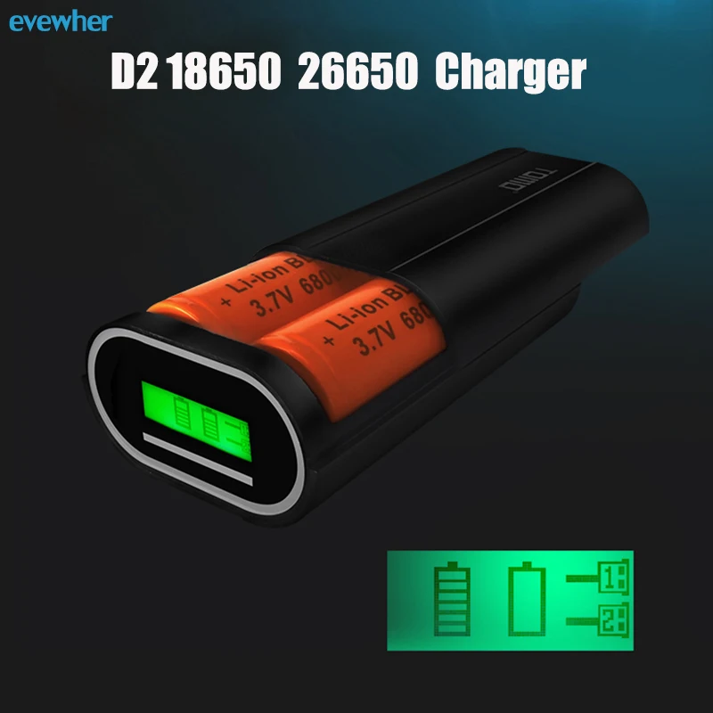 Evewher D2 новый стиль 26650 Liion зарядное устройство для телефона 18650 Baterry 2 слота 5 В Тип C