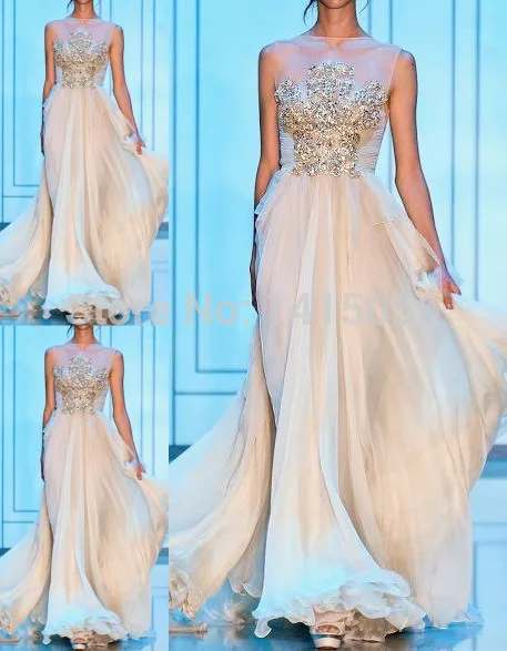 

2019 Hot Graceful Boat Neck Crystal Beaded A Line Pleated Long Fornal Chiffon Elie Saab Evening Dresses For Sale