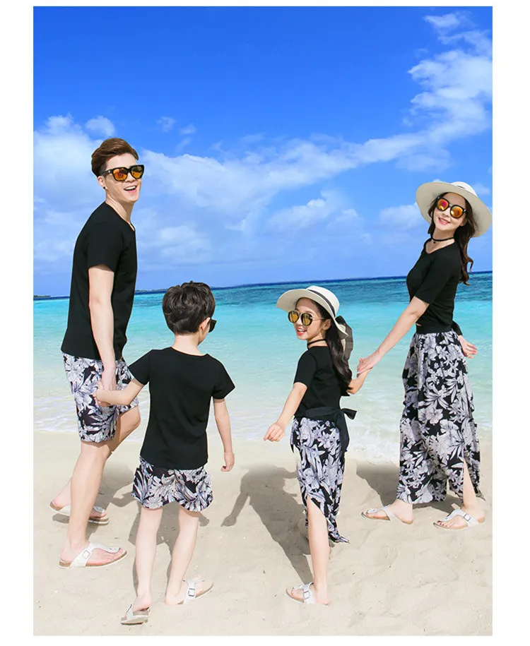 Family matching outfits T shirt father and son short pants mother and daughter loose pants set 12