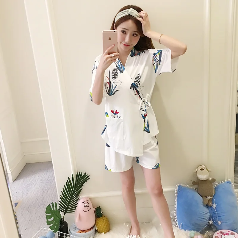 Kimono Robe & Pants Women Pajamas Sets Cotton Pyjamas Gauze Spa Bath