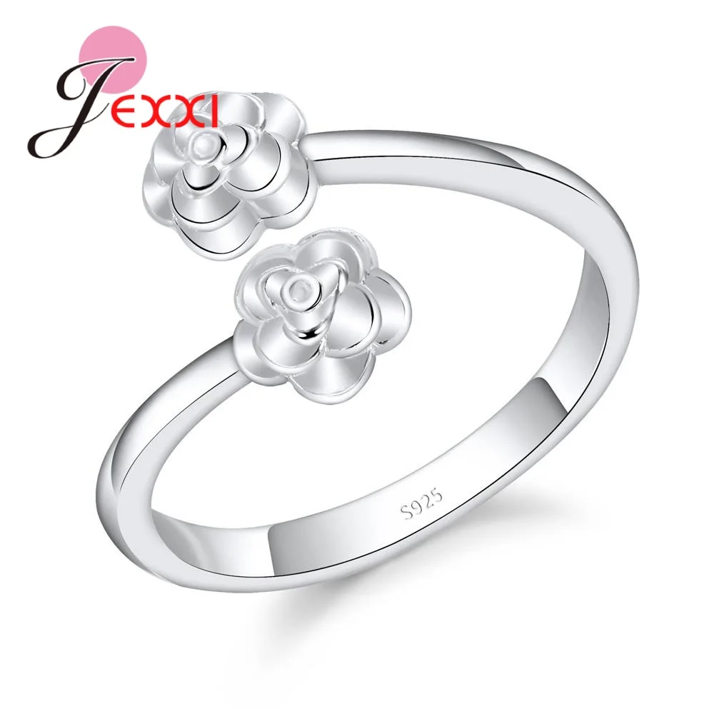 

JEXXI 2018 Newes Design 925 Sterling Silver Rings For Women Double Flowers Adjustable Silver Ring For Girl Cute Party Accessory