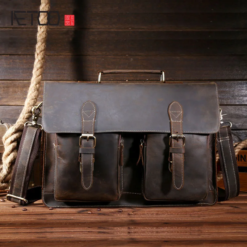 

BJYL The first layer of leather retro male Crazy Horse Leather Shoulder Bag Messenger Bag Leather Laptop manufacturers selling
