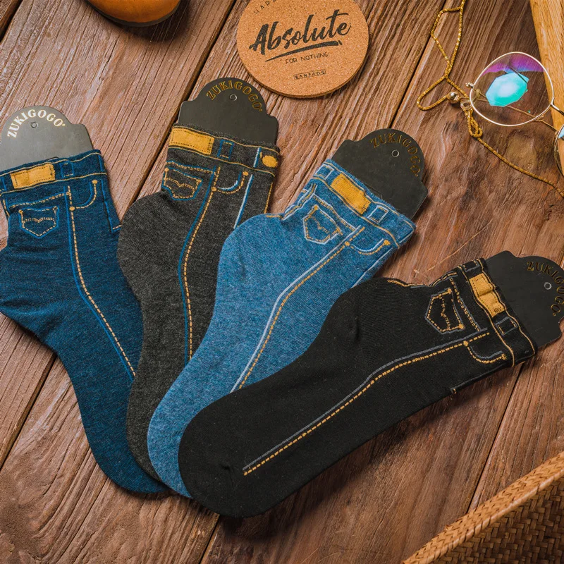 

New Personality Harajuku Jeans Printing Balck Cotton Socks for Women Korean Style Outdoor Casual School Tube Socks for Female
