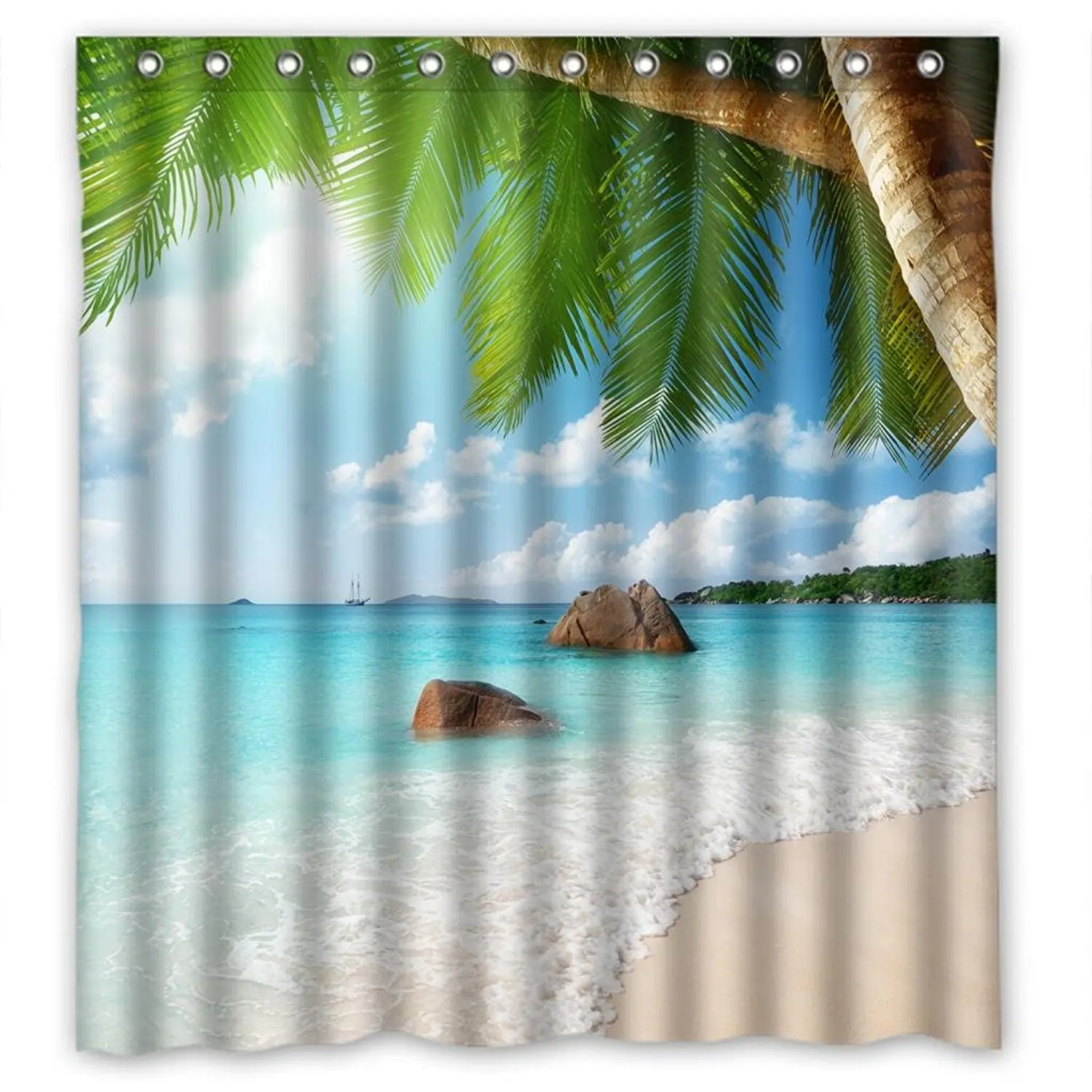 Paradise Tropical Blue Sea Palm Trees Bathroom Fabric Shower Curtain 66