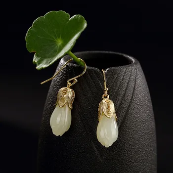 

925 Silver Designer Natural Jade Gemstone Orchid Flowers Earring For Women 18k Gold Plated Fine Jewelry Oorbellen Ringen