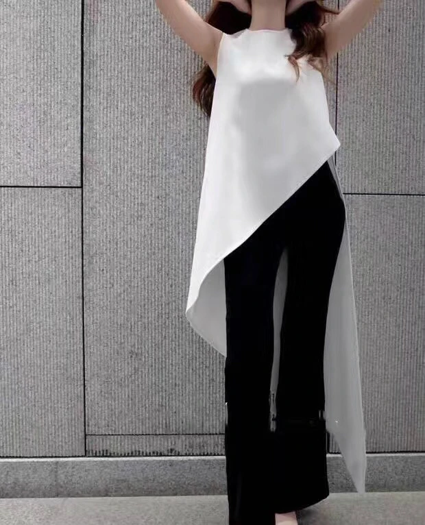 Irregular Trim Long Tail Flutter Tops Sleeveless Chiffon Blouse Women