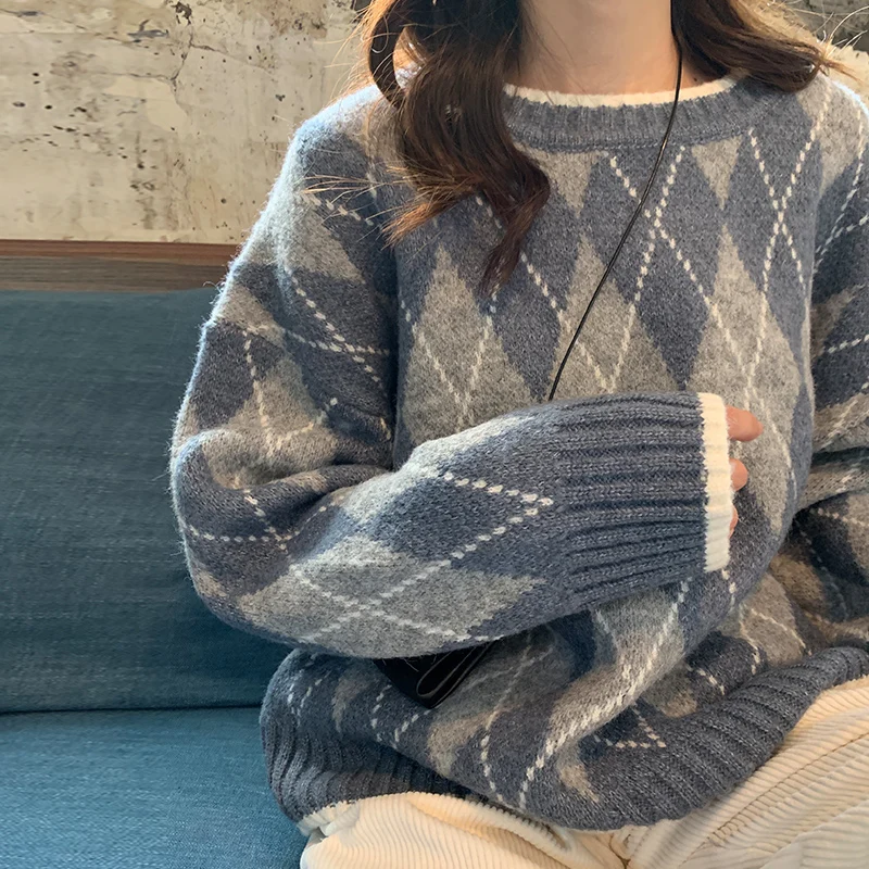 2019 зима и осень офисные женские туфли с круглым вырезом пуловеры для женщин лоскутное Argyle новый пуловер длинный рукав женщины свитер
