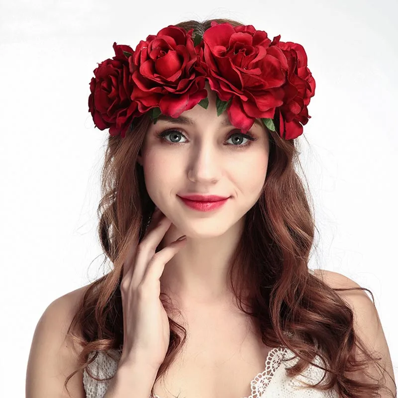 

Bride Wedding Big Rose Harajuku Wreath Headdress Women Simulation Flowers Hair Band Ladies Individuality Beauty Headpieces