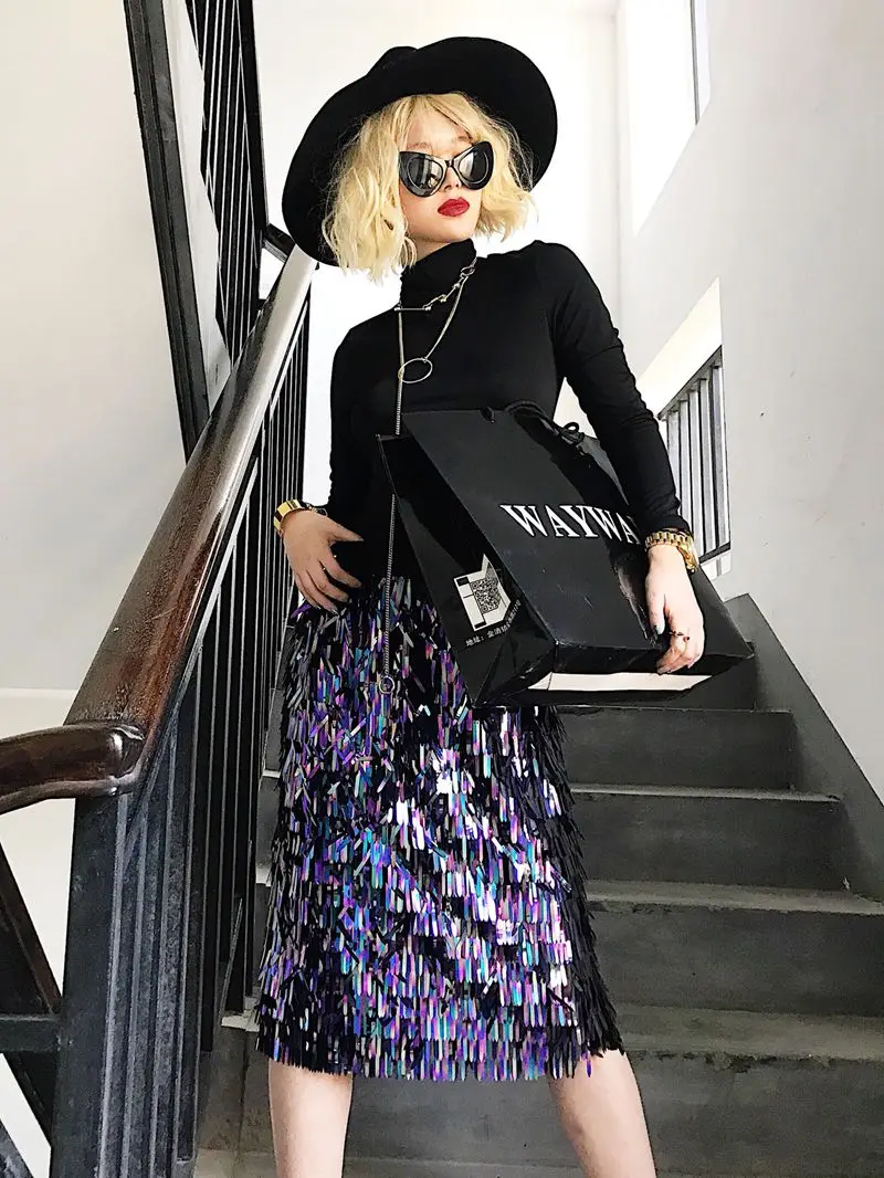 RealShe Winter Sexy Sequins Pencil Skirt Autumn High Waist Skirt Elegant Elastic Waist Bodycon Knee Length Skirts Womens