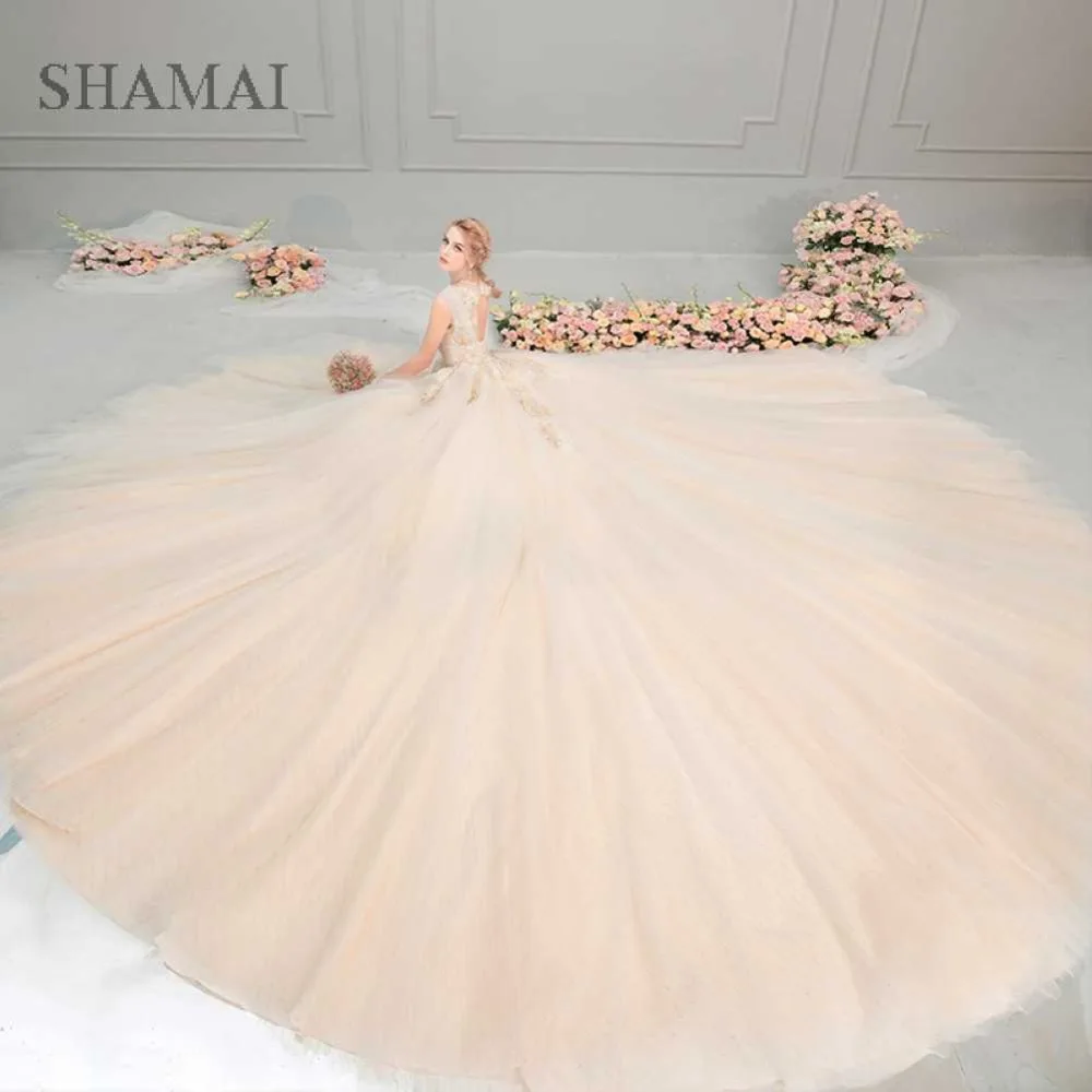 

SHAMAI Elegant Wedding Dresses 2019 Ball Gown Bride Dress Lace Appliques Beading Robe De Mariage Bridal Gowns With Royal Train